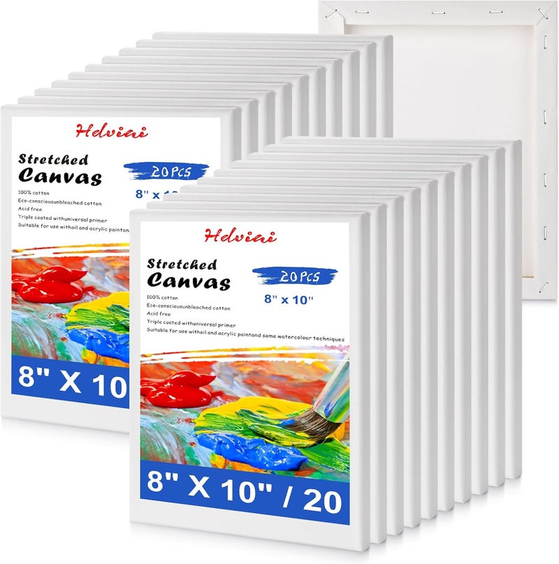 Hdviai Stretched Canvas for Painting - 8x10 Inch/20 Canvas Value Pack - Triple Primer Acid Free 100% Cotton Blank Canvas for Painting Supplies Oil and Acrylic Pouring Art Watercolor - Image 1